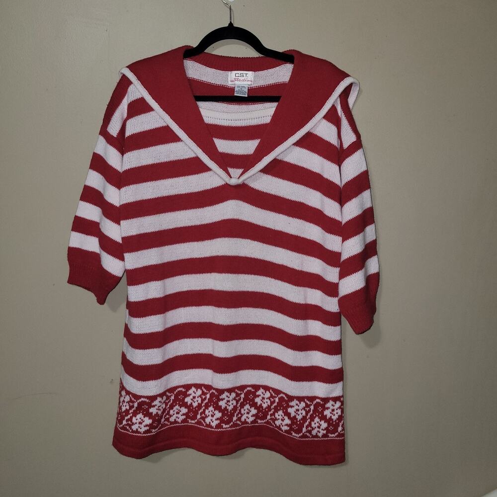 CST Studio Red White Striped Sailor Collar Floral Knit Sweater Plus 1X Nautical